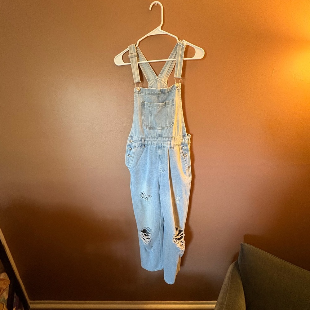 Pink Lily Light Blue Distressed Denim Overalls
